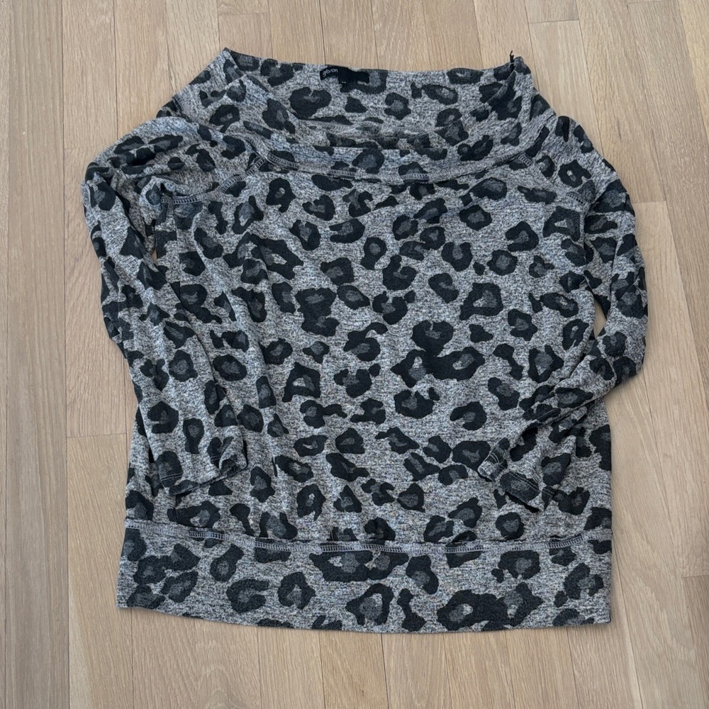 Gibson Gray Leopard Off-the-Shoulder Sweater